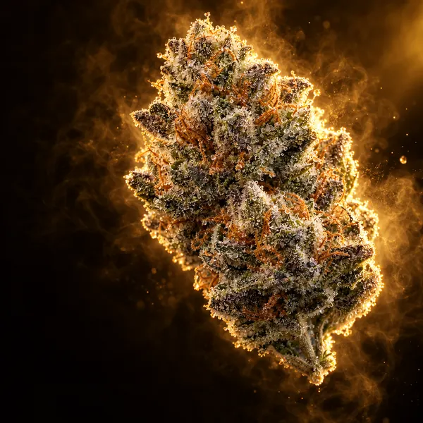 Cima di cannabis brinata sotto una luce dorata, congelata appena raccolta