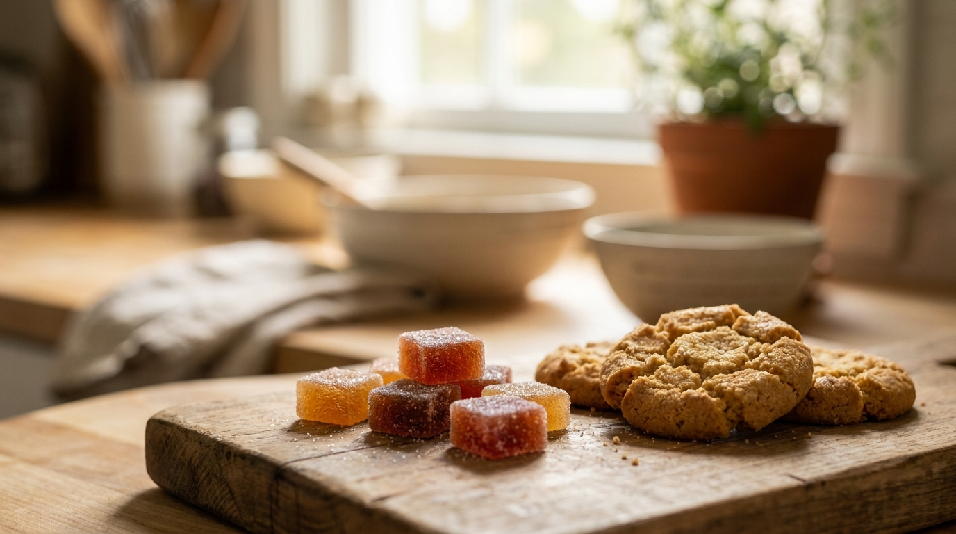 Assortimento di edibles su un tavolo di legno: caramelle gommose, cioccolato e un brownie