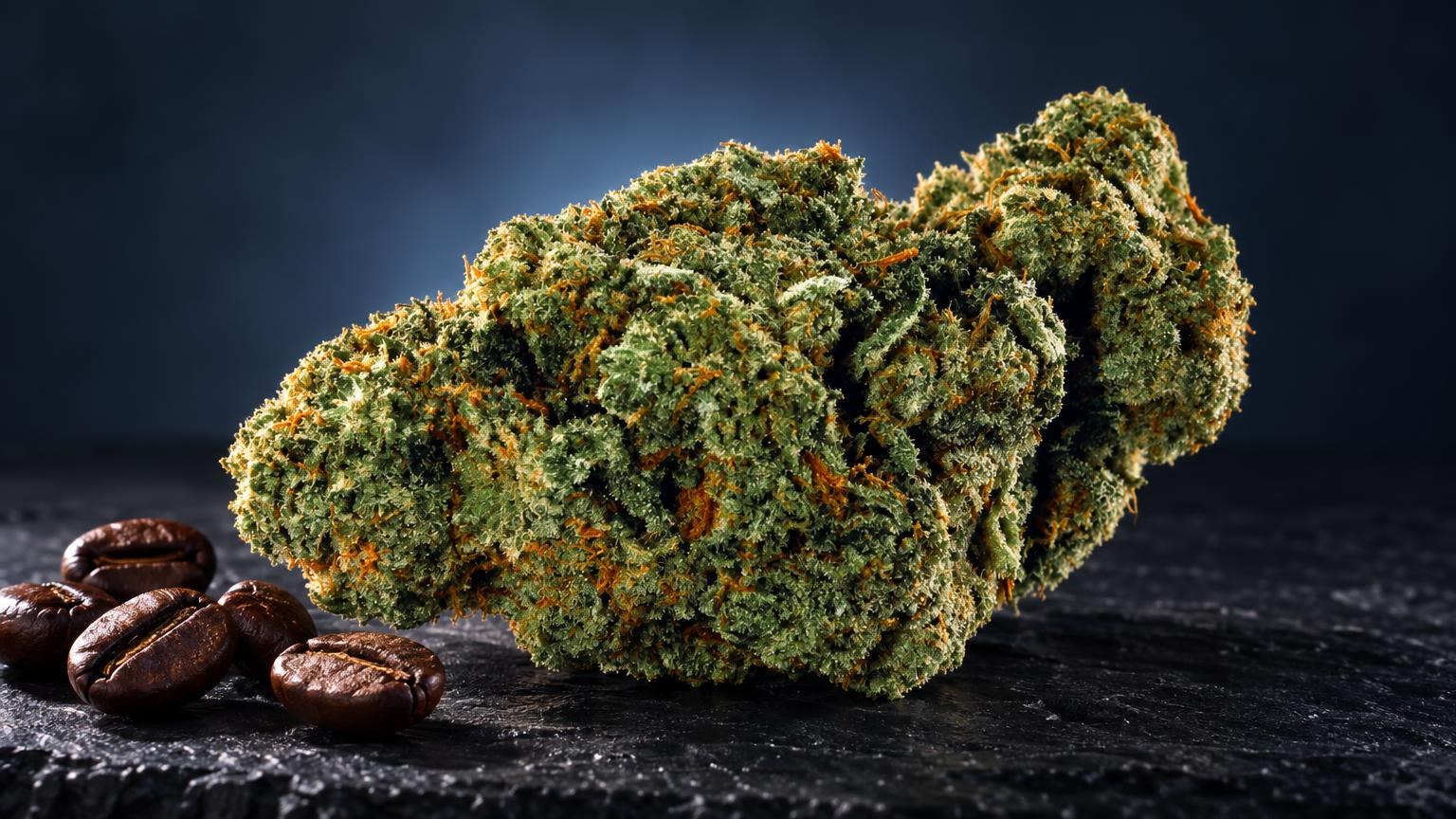 Infiorescenze dense e polpose di Amnesia erba con tonalità verde-gialle, accanto a semi marroni su superficie scura