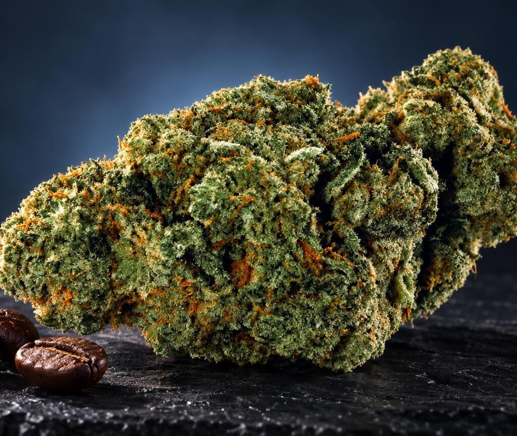 Fiori secchi di cannabis con sfumature gialle e verdi, accanto a semi scuri su superficie nera