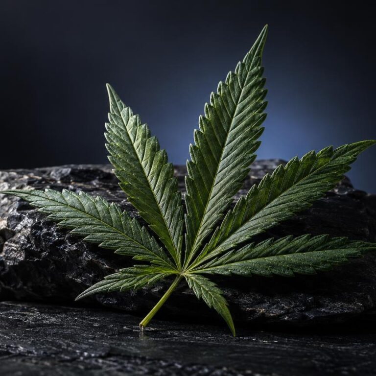 Foglia verde di cannabis con sette punte su roccia scura, illustra la genetica della varietà Amnesia