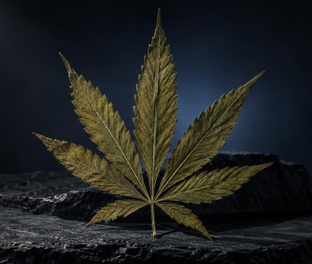 Foglia di cannabis con sette dita dorate su sfondo scuro e roccia nera. Elemento visivo per articolo sui cannabinoidi