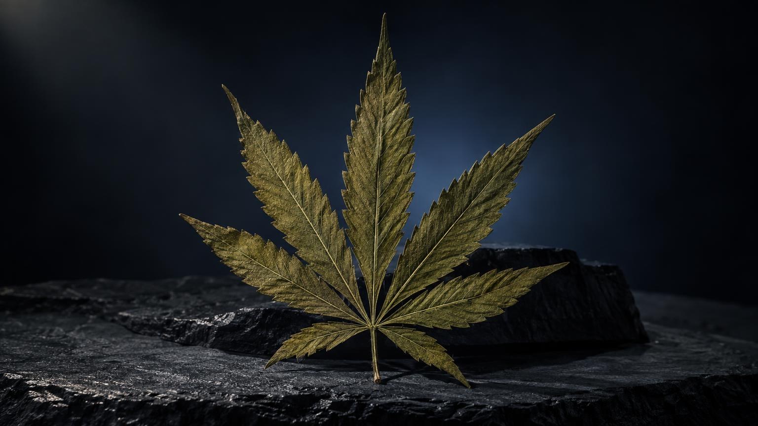 Foglia di cannabis con sette dita dorate su sfondo scuro e roccia nera. Elemento visivo per articolo sui cannabinoidi