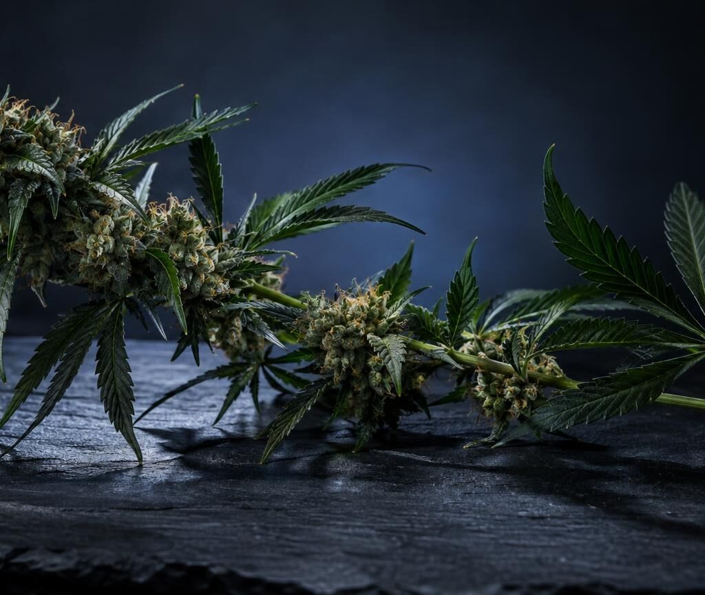 Infiorescenze di cannabis light con foglie palmate su superficie scura, illuminazione teatrale