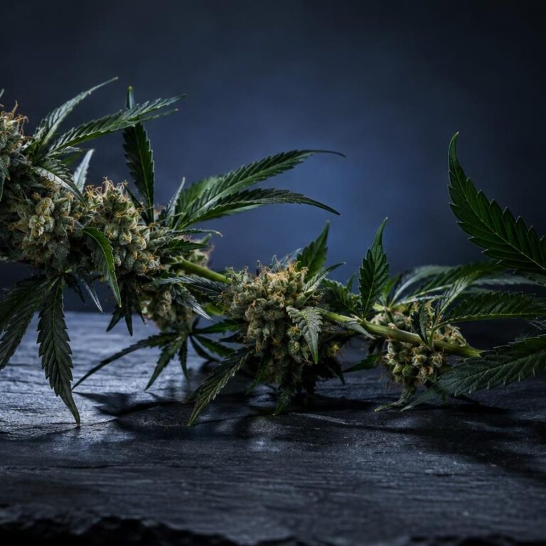 Infiorescenze di cannabis light con foglie palmate su superficie scura, illuminazione teatrale