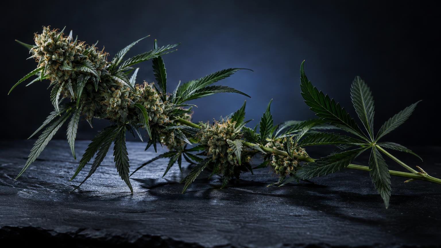 Cannabis light effetto: infiorescenze di cannabis light con foglie palmate su superficie scura, illuminazione teatrale