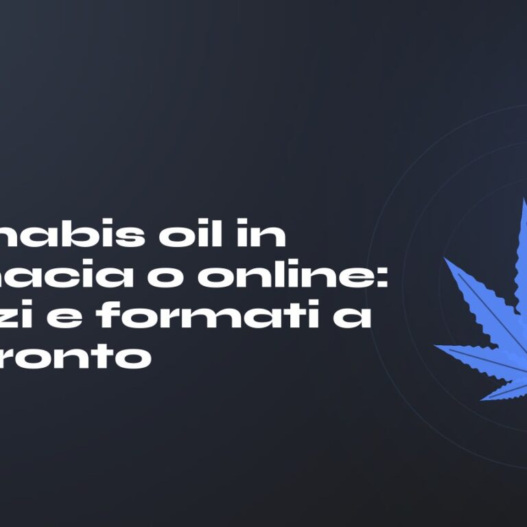 Cannabis oil in farmacia o online: prezzi e formati a confronto — titolo su fondo scuro, foglia di canapa stilizzata
