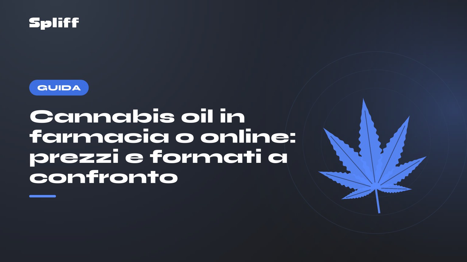 Cannabis oil in farmacia o online: prezzi e formati a confronto — titolo su fondo scuro, foglia di canapa stilizzata