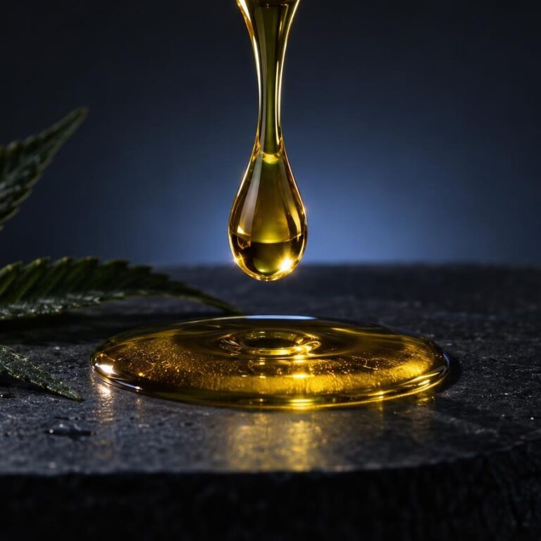 Cannabis oil: goccia d'olio dorato che cade su una foglia di cannabis, con olio trasparente su superficie scura