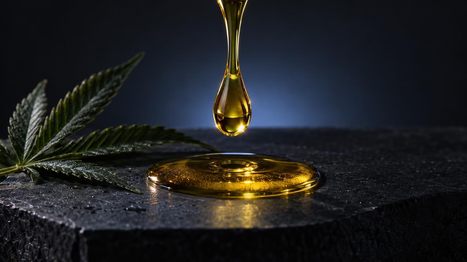 Cannabis oil: goccia d'olio dorato che cade su una foglia di cannabis, con olio trasparente su superficie scura