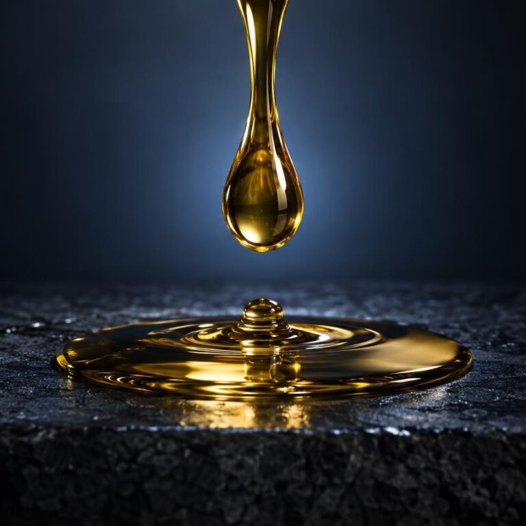 Cannabis oil per udito: goccia di liquido dorato che cade su una superficie scura, formando una pozza luminosa