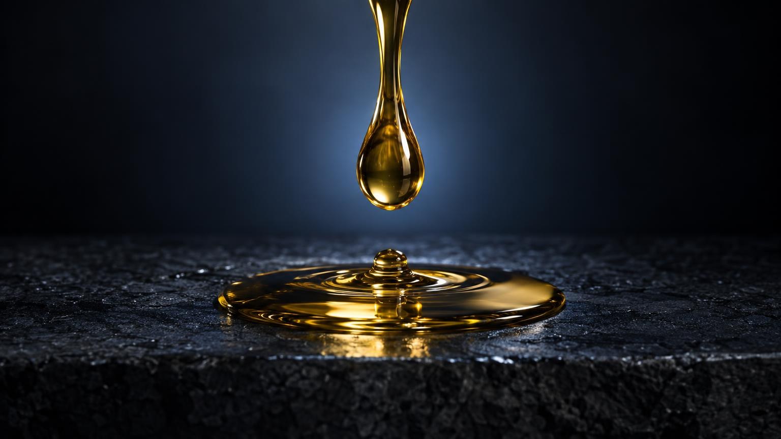 Cannabis oil per udito: goccia di liquido dorato che cade su una superficie scura, formando una pozza luminosa