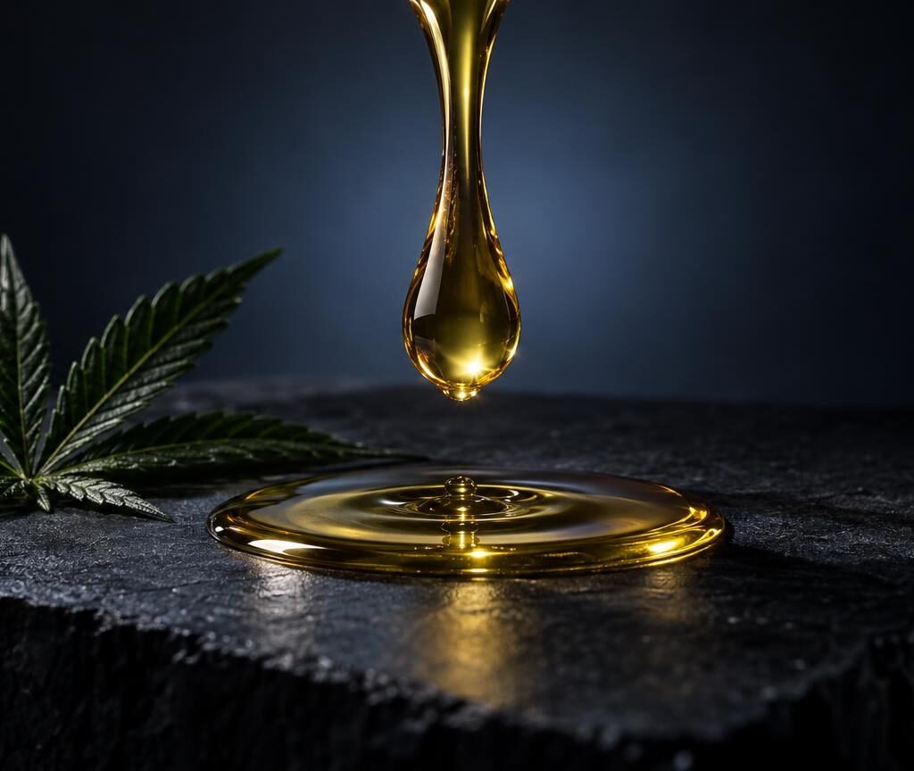 Goccia di olio dorato che cade su una foglia di cannabis, in ambito di scelta online presso Cannabisöl shop