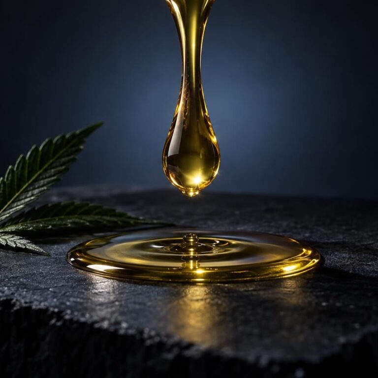 Goccia di olio dorato che cade su una foglia di cannabis, in ambito di scelta online presso Cannabisöl shop