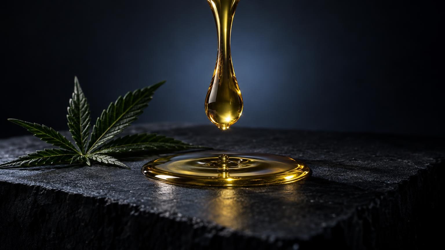 Goccia di olio dorato che cade su una foglia di cannabis, in ambito di scelta online presso Cannabisöl shop