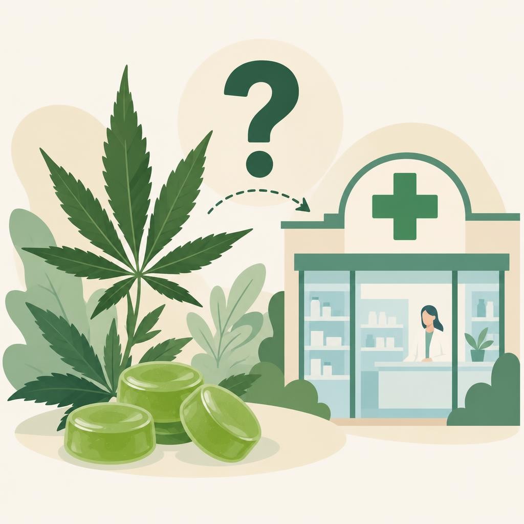 Foglie di cannabis e barattoli verdi davanti a una farmacia con punto interrogativo, sul tema delle Caramelle CBD in farmacia