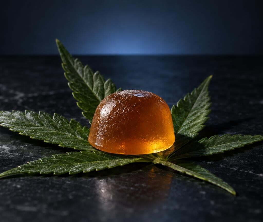 Caramella ambrata trasparente circondato da foglie verdi su superficie nera, per articolo su Caramelle CBD in farmacia