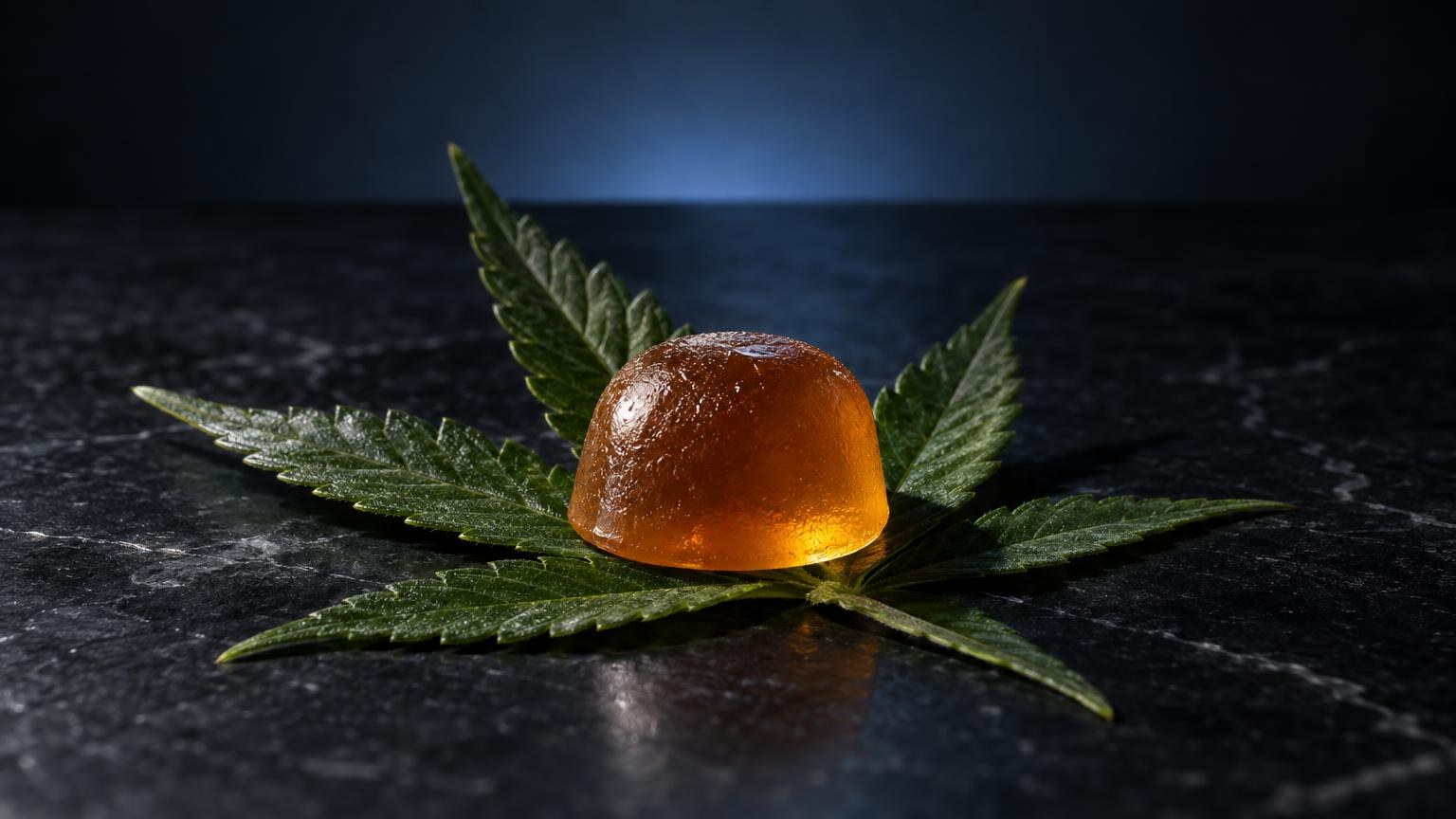Caramella ambrata trasparente circondato da foglie verdi su superficie nera, per articolo su Caramelle CBD in farmacia