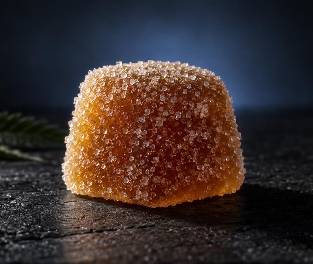 Caramella gommosa ambrata ricoperta di cristalli di zucchero su superficie scura, con foglia di cannabis sullo sfondo