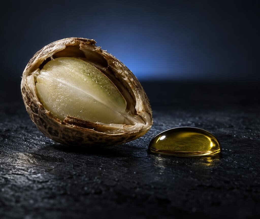 Capsula di olio trasparente accanto a seme aperto su superficie scura, riferito a CBD controindicazioni