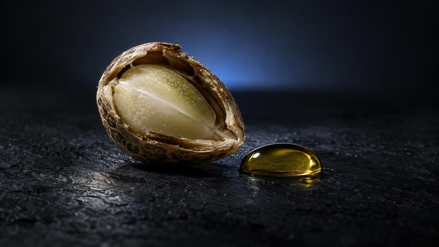 Capsula di olio trasparente accanto a seme aperto su superficie scura, riferito a CBD controindicazioni
