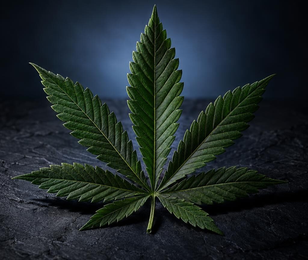 Foglia di cannabis verde con sette punte su superficie scura, rappresentazione della pianta alla base del CBD