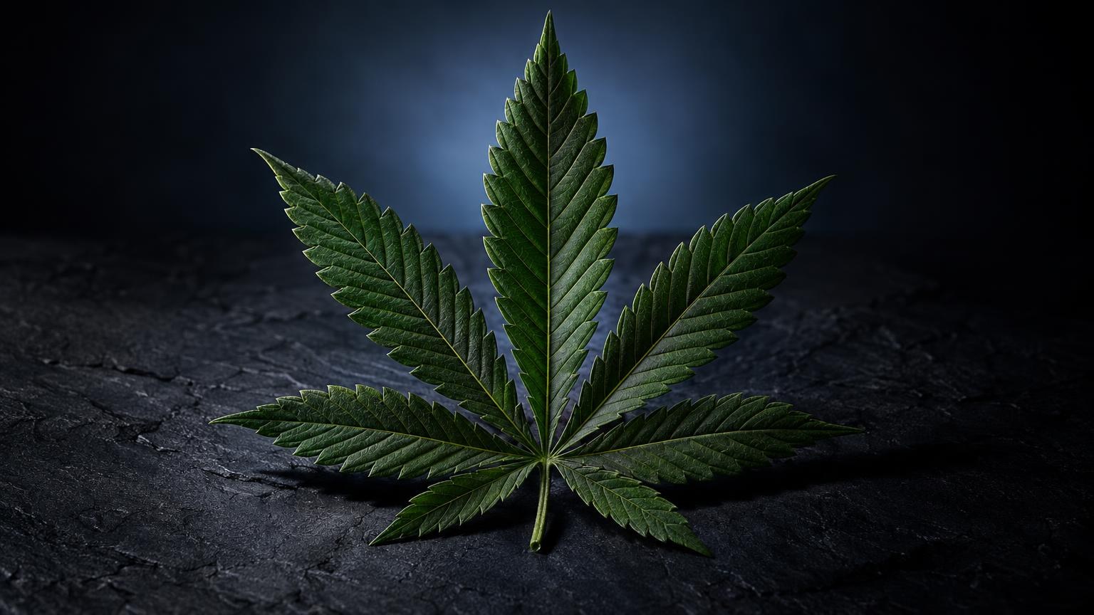 Foglia di cannabis verde con sette punte su superficie scura, rappresentazione della pianta alla base del CBD