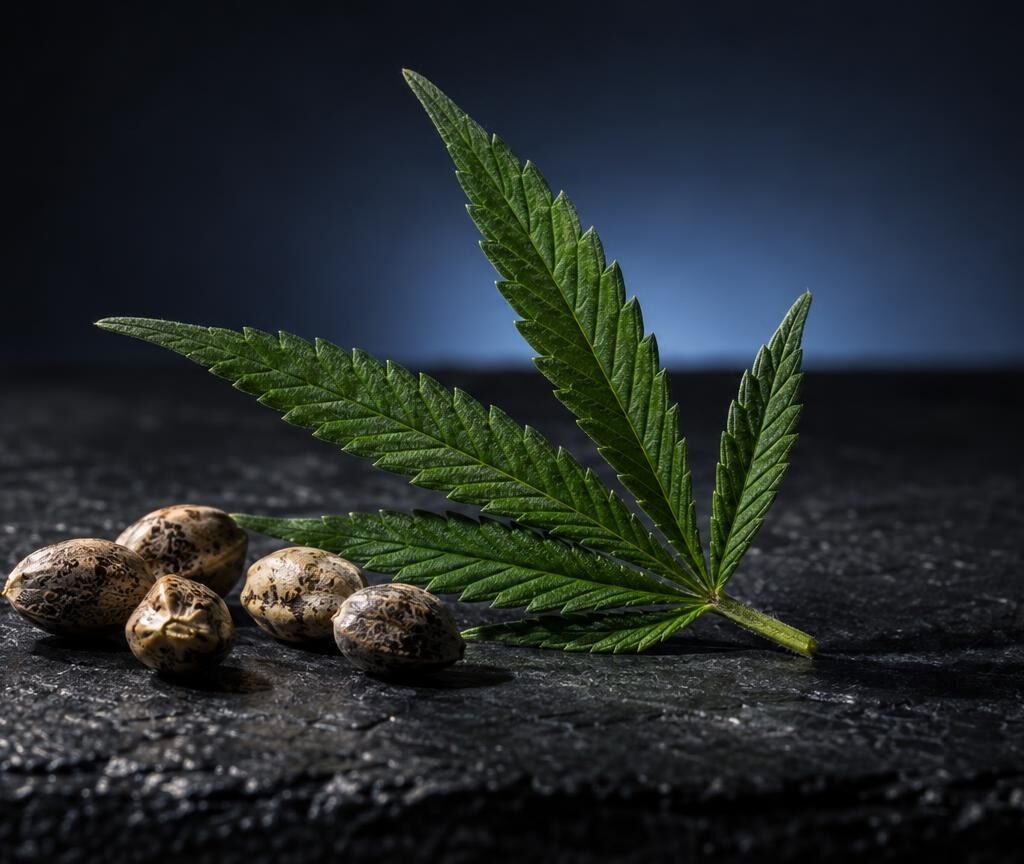 Foglia di cannabis verde e semi marroni su superficie scura, CBD effetti sul cervello