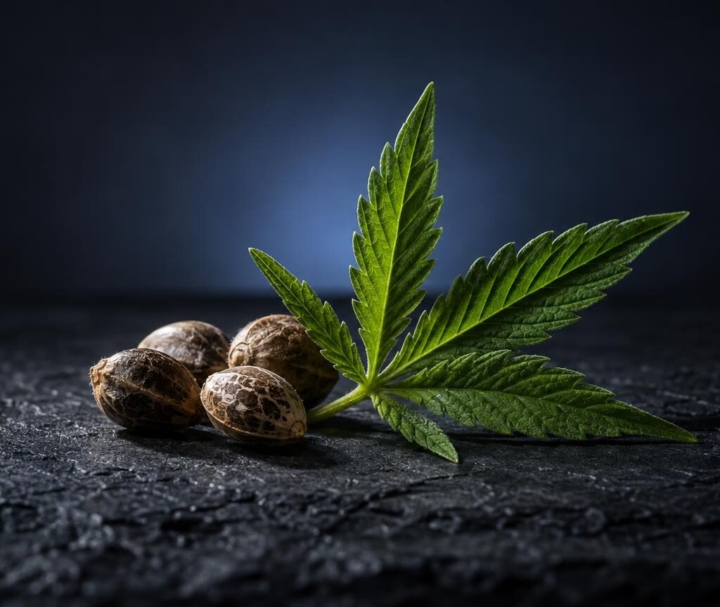Semi e foglia verde di cannabis su superficie scura, simbolo della pianta utilizzata negli studi su Cbd effetti sul cuore