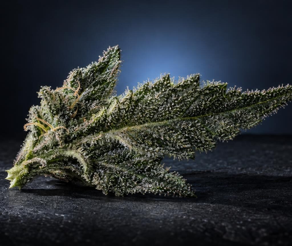 Fiore di cannabis con tricomi cristallini su sfondo scuro, illustra la materia prima per l'estrazione di CBD isolato