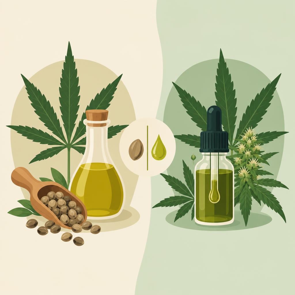 Cbd olio di canapa: bottiglia di olio giallo con semi e fiasca con contagocce verde accanto a foglie di canapa