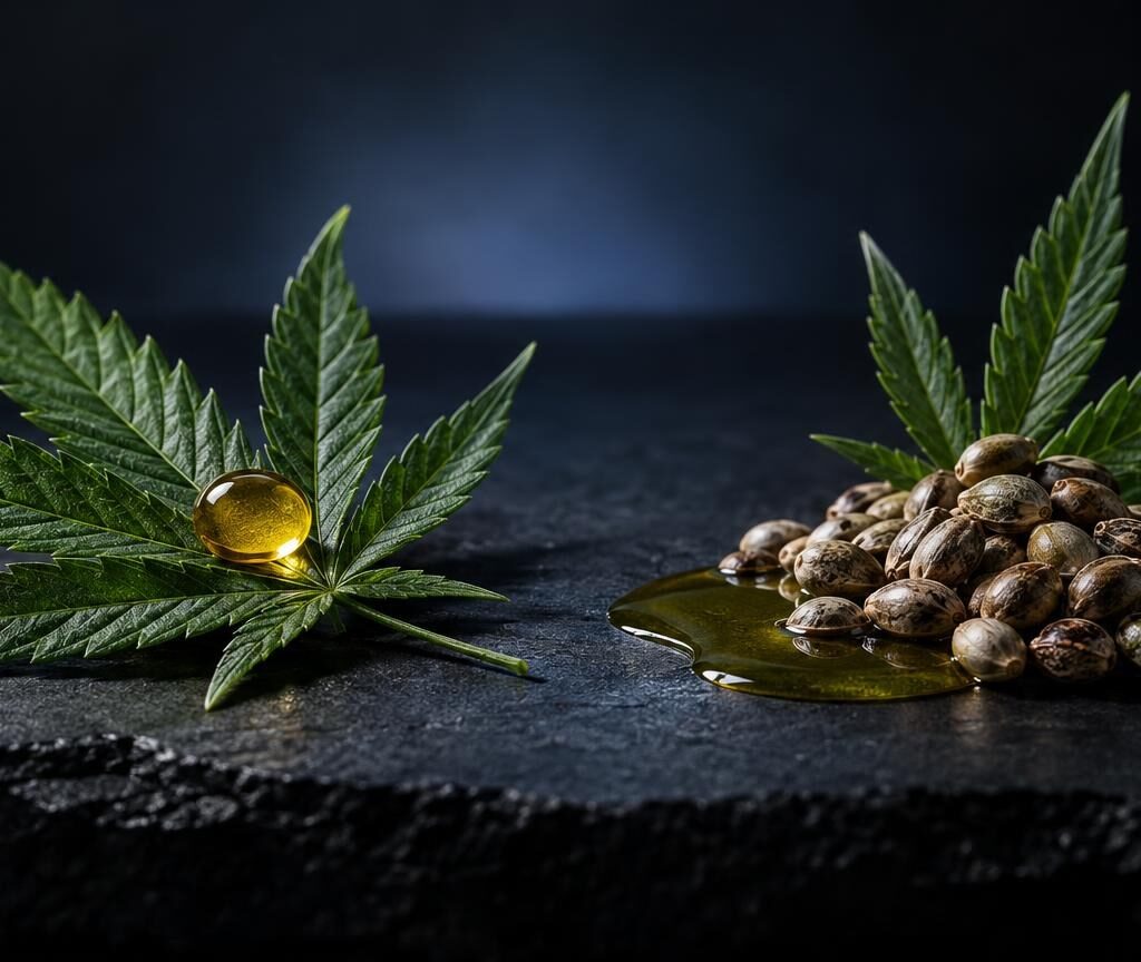 Foglia di canapa con goccia d'olio dorato a sinistra e semi di canapa con olio a destra su superficie scura