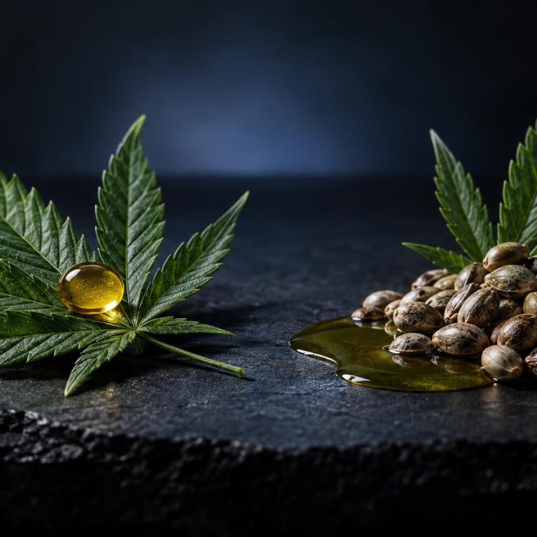 Foglia di canapa con goccia d'olio dorato a sinistra e semi di canapa con olio a destra su superficie scura