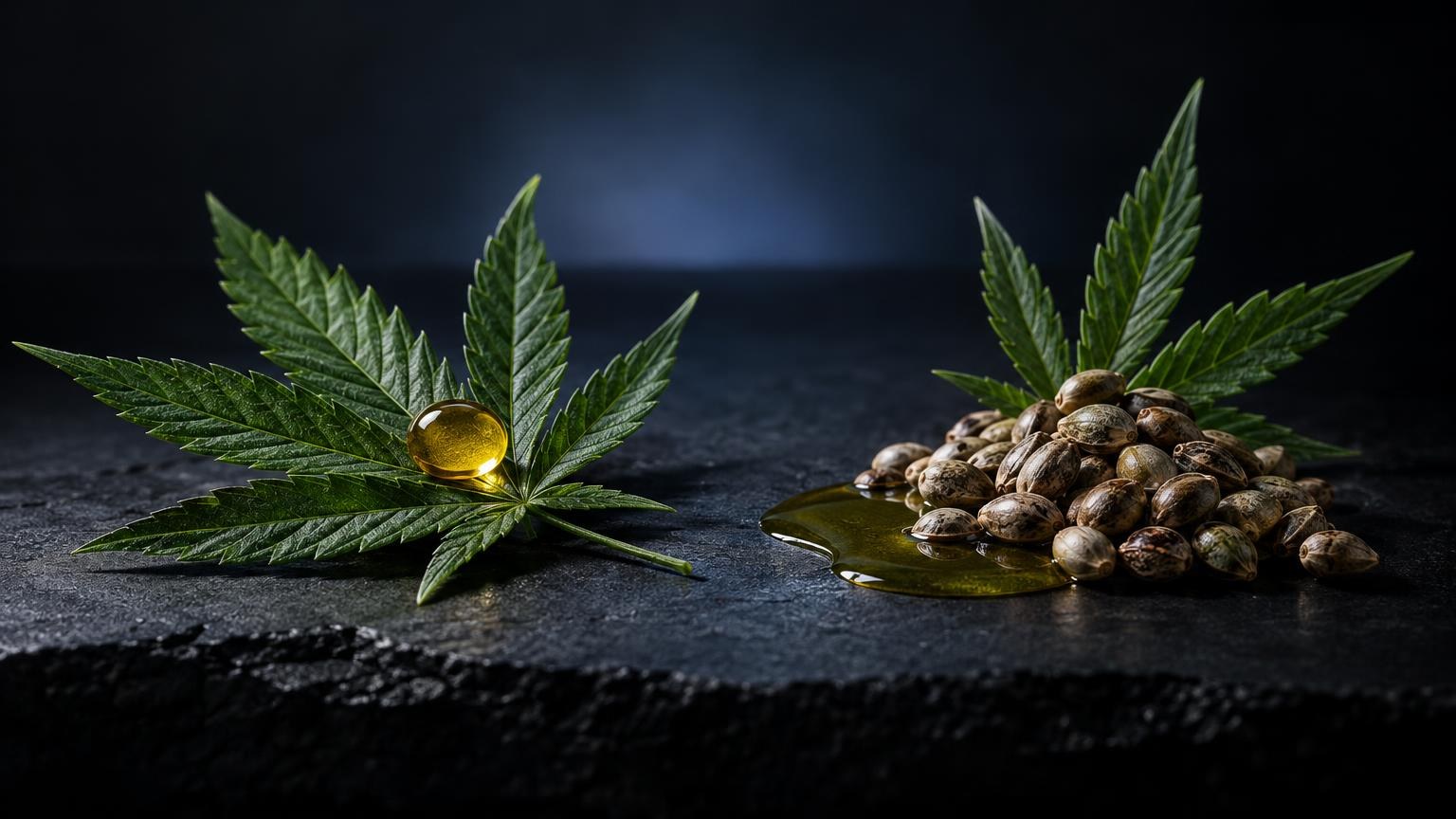 Foglia di canapa con goccia d'olio dorato a sinistra e semi di canapa con olio a destra su superficie scura