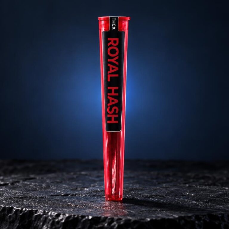Tubo cilindrico rosso brillante con scritta nera su superficie scura, per articolo su Charas fumo