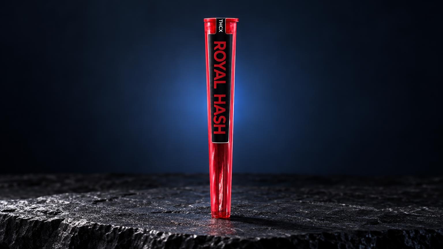Tubo cilindrico rosso brillante con scritta nera su superficie scura, per articolo su Charas fumo