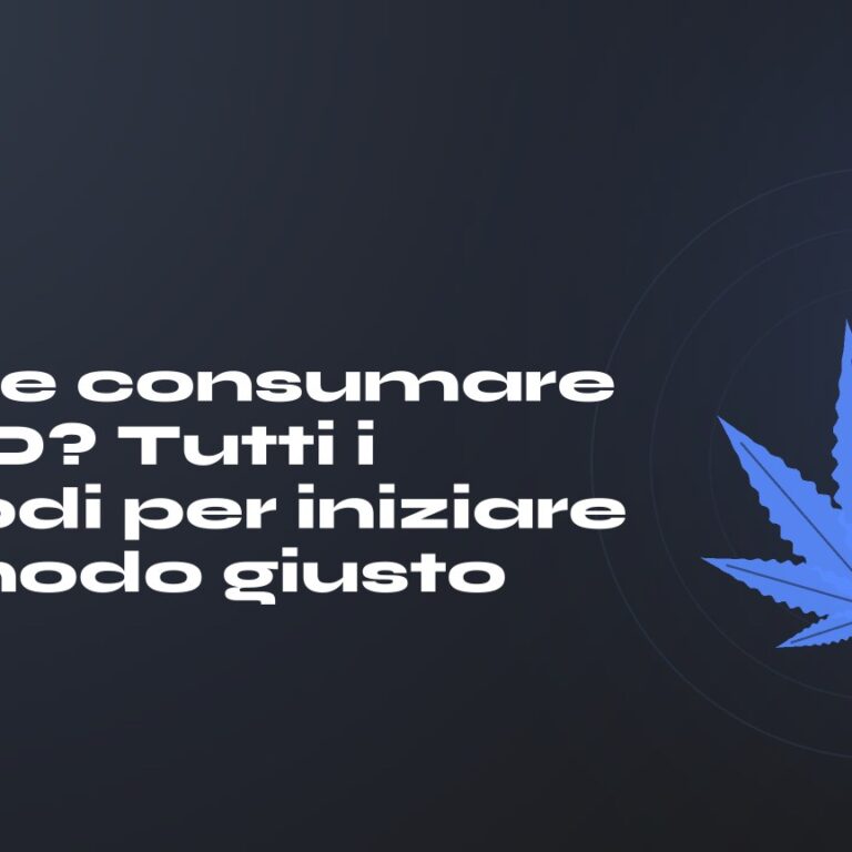 Come consumare il CBD? Tutti i metodi per iniziare nel modo giusto — titolo su fondo scuro, foglia di canapa stilizzata