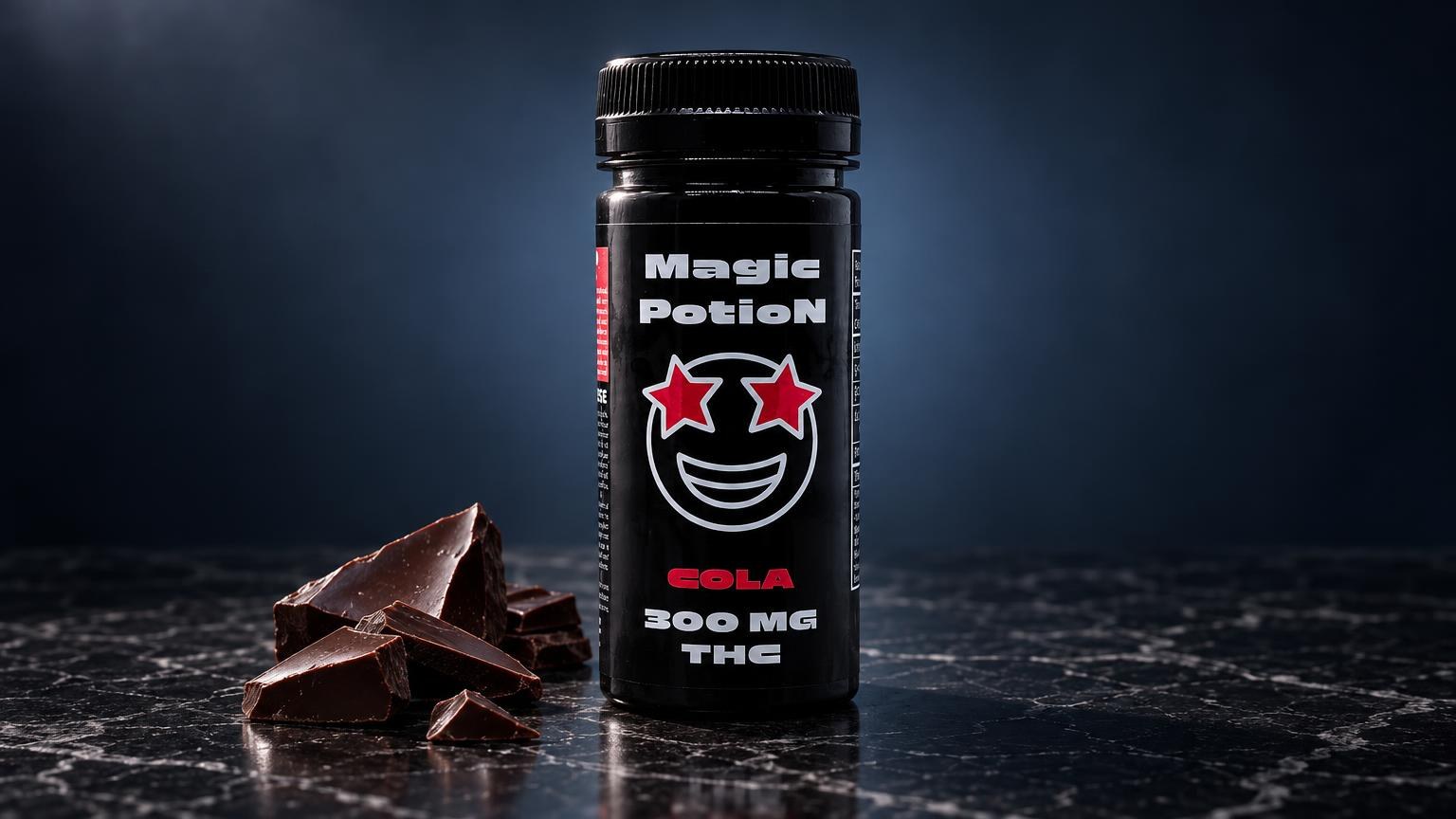Flacone nero di sciroppo con etichetta Magic Potion accanto a frammenti di cioccolato, sul tema della varietà Cookie cream