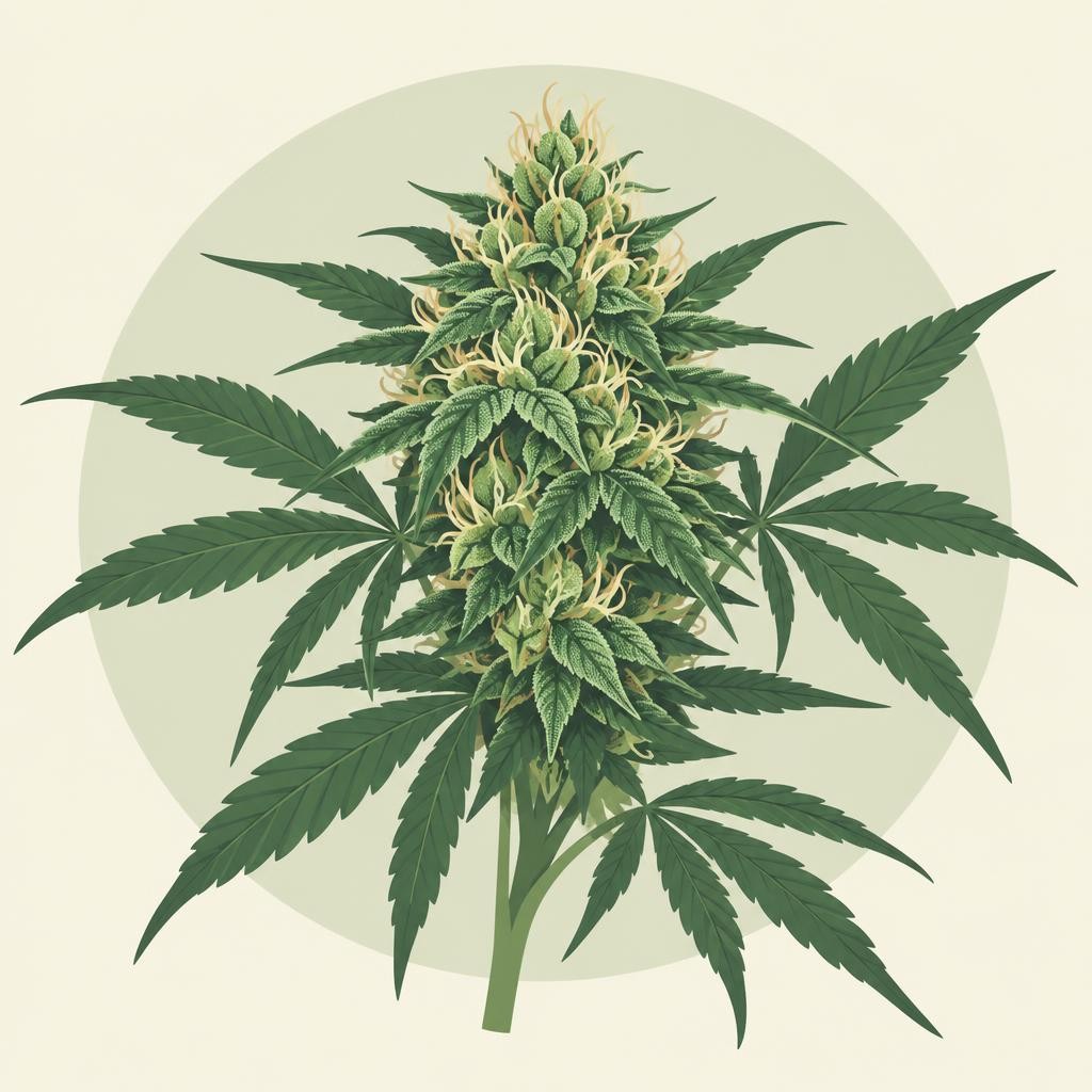 Pianta con foglie dentellate verde scuro e fiori densi giallo-verde, illustrazione botanica per articolo su Dry fumo