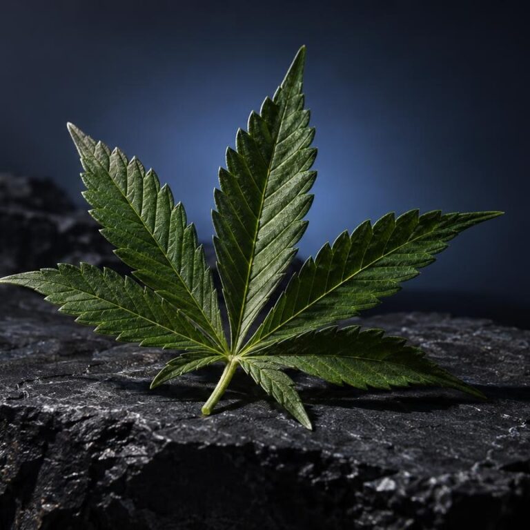 Edible: foglia verde con sette punte su roccia scura, illustra la materia prima degli edibili