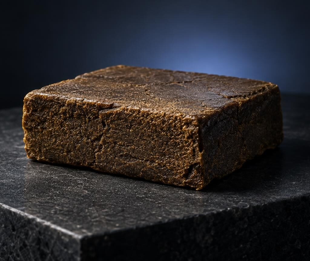 Blocco compatto di hashish marrone su superficie nera, articolo sugli effetti dell'hashish