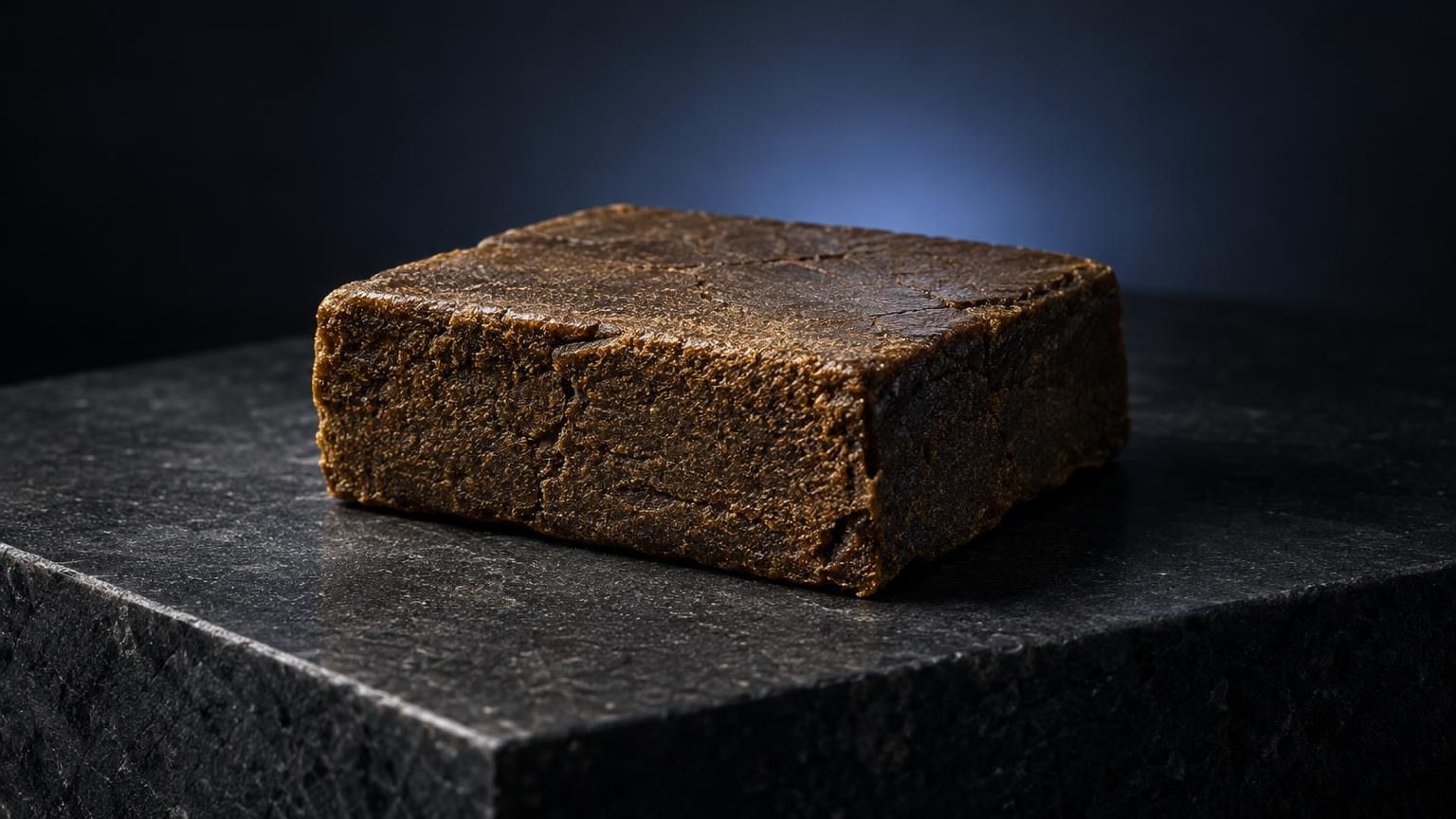 Blocco compatto di hashish marrone su superficie nera, articolo sugli effetti dell'hashish