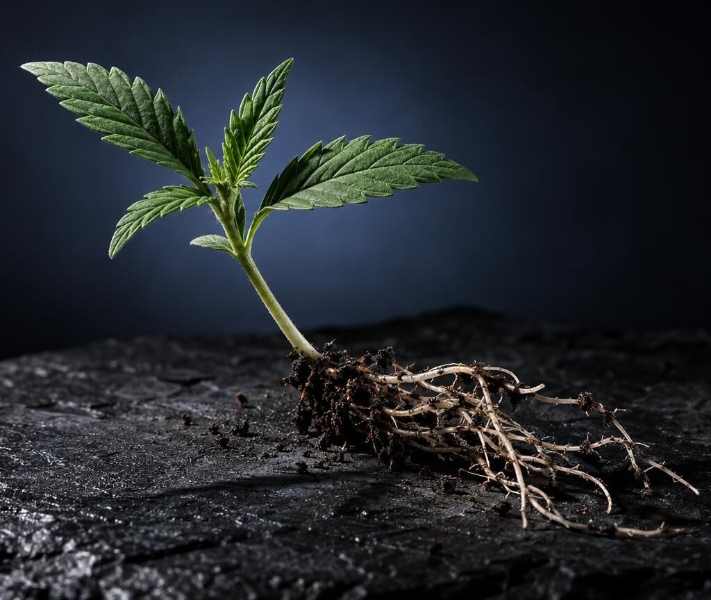 Pianta giovane con foglie verdi e radici visibili in suolo scuro, simbolo della coltivazione della cannabis per Estratti CBD