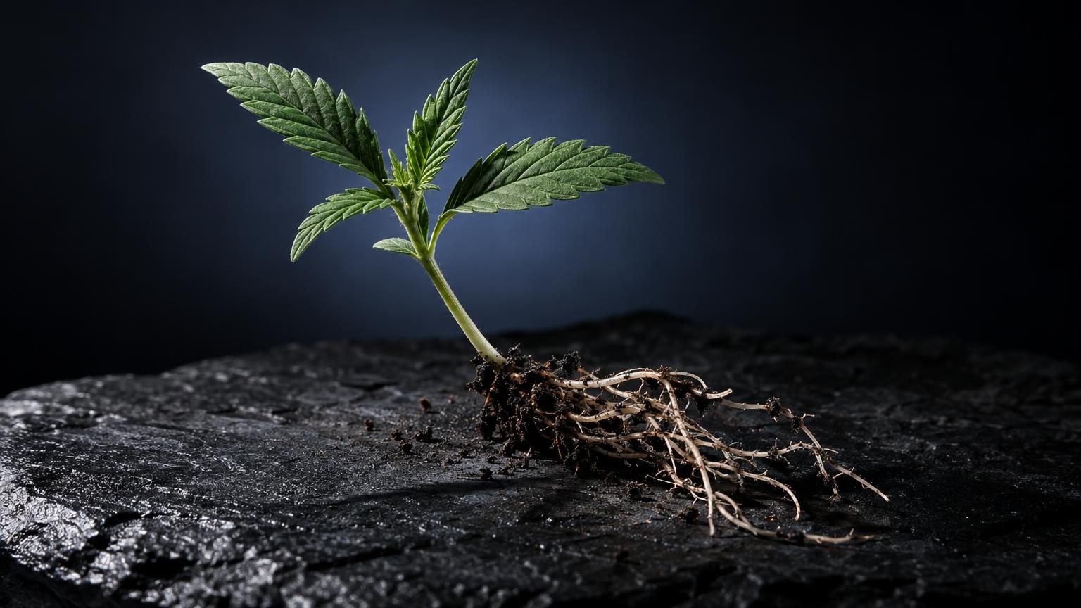Pianta giovane con foglie verdi e radici visibili in suolo scuro, simbolo della coltivazione della cannabis per Estratti CBD