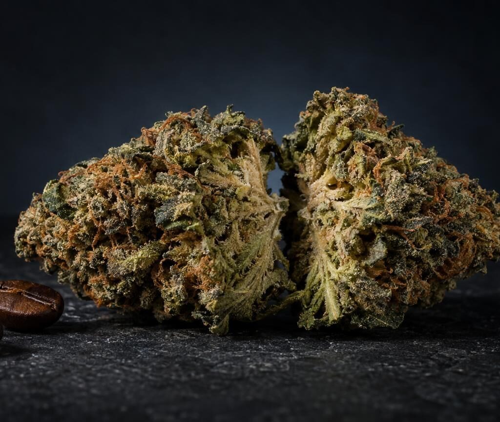 Due infiorescenze di fiore marijuana con tricomi visibili, accanto a semi, su superficie scura