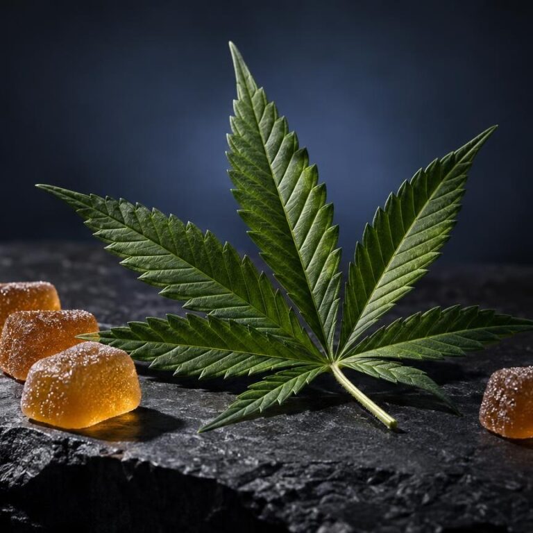 Caramelle gommose dorate con zucchero e foglia di cannabis su superficie nera, articolo su Gummy THC