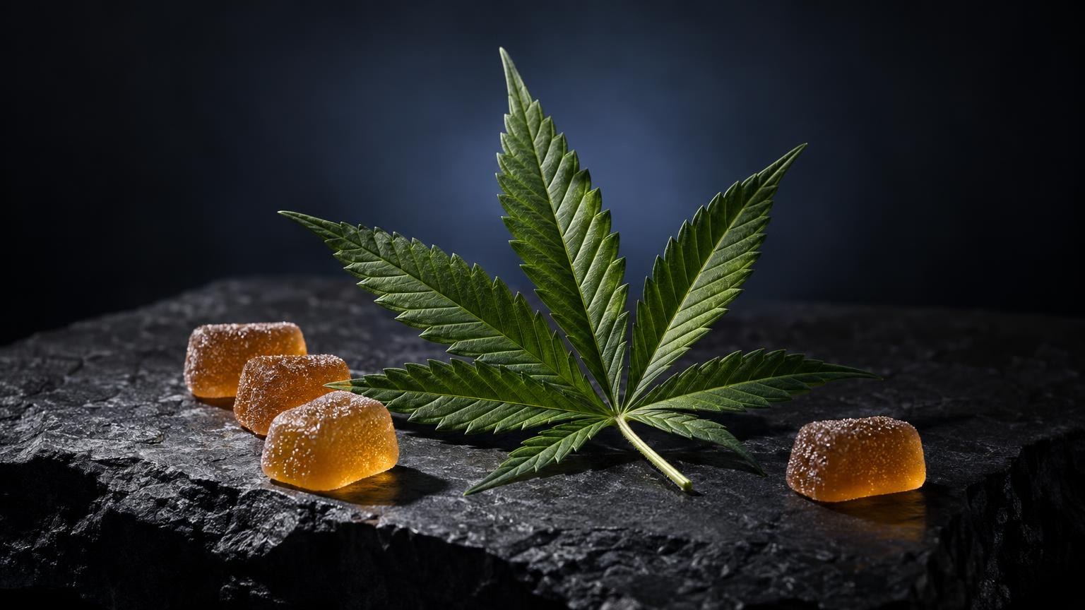 Caramelle gommose dorate con zucchero e foglia di cannabis su superficie nera, articolo su Gummy THC