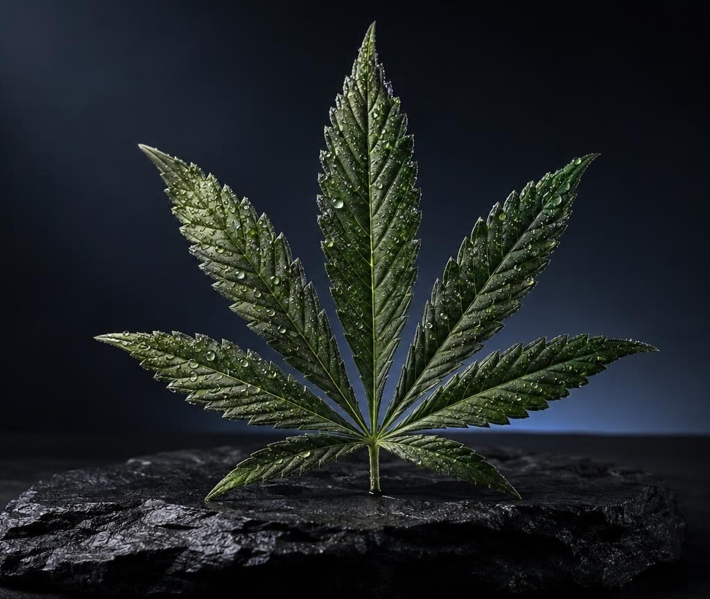 Foglia di cannabis con sette foglioline verdi su roccia scura, sfondo blu scuro, rappresenta la pianta da cui deriva H4CBD