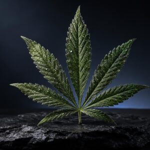 Foglia di cannabis con sette foglioline verdi su roccia scura, sfondo blu scuro, rappresenta la pianta da cui deriva H4CBD
