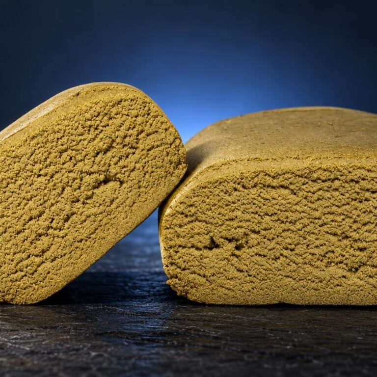 Due blocchi di Ice O Lator di colore giallo dorato con texture granulosa, posizionati su superficie scura con sfondo blu